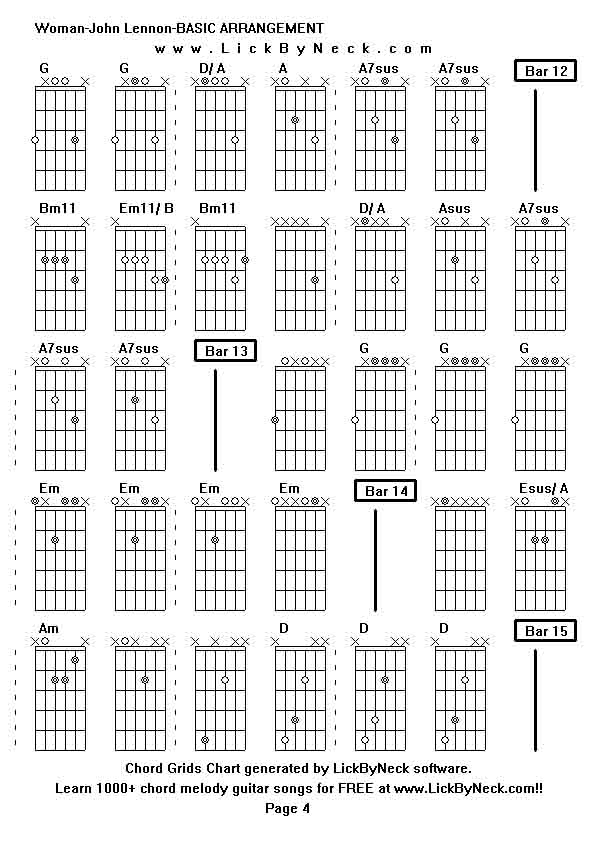 Chord Grids Chart of chord melody fingerstyle guitar song-Woman-John Lennon-BASIC ARRANGEMENT,generated by LickByNeck software.